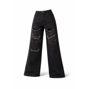 Y2K Grunge Glam Black Distressed Wide Leg Jean Chains Rhinestone Punk Streetwear